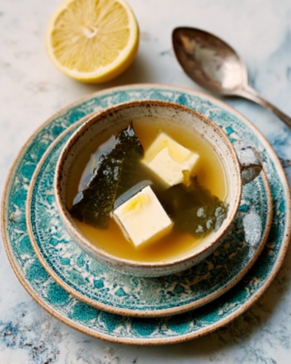 The image shows a bowl of clear broth soup placed on a white plate with a blue-green decorative pattern. Inside the bowl, there are two square white tofu pieces floating on the light brown broth along with a strip of dark seaweed. Next to the bowl on the plate, there is a lemon wedge and a silver spoon resting on the white marbled surface. The stacked plates and the bowl create a layered look with the blue-green pattern contrasting the simple colors of the soup. Photo taken with an iphone --ar 4:5 --v 7