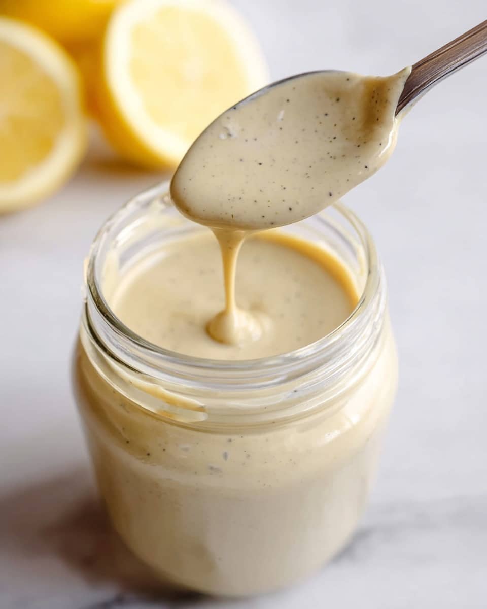 A close-up image of a clear glass jar filled with smooth, creamy beige sauce with tiny black specks. A silver spoon is held above the jar, dripping some sauce back into it. In the blurred background, two yellow lemon halves rest on a white marbled surface. The focus is sharp on the spoon and sauce, showing the thick, flowing texture. Photo taken with an iphone --ar 4:5 --v 7