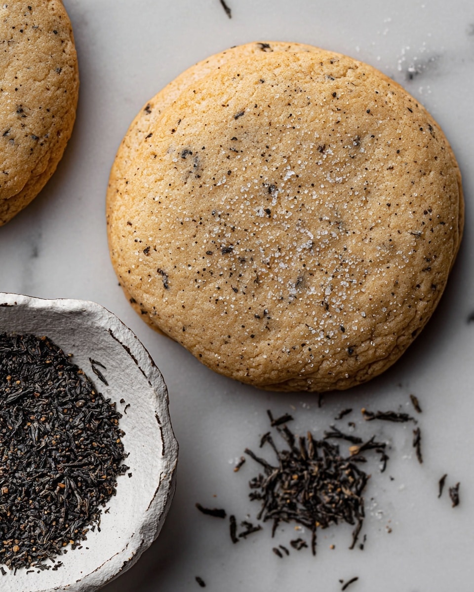 The image shows two round cookies with a light brown color and specks of black tea leaves throughout. The cookies have a soft texture with a slight rise and are sprinkled with fine white sugar on top. One cookie is fully visible on the left, while the other is partially seen on the upper right side. To the lower right, there is a white bowl with a rough texture and dark edges containing black tea leaves, some spilled on the white marbled surface around it. The scene is simple and close-up, emphasizing the texture and details of the cookies and tea leaves. photo taken with an iphone --ar 4:5 --v 7