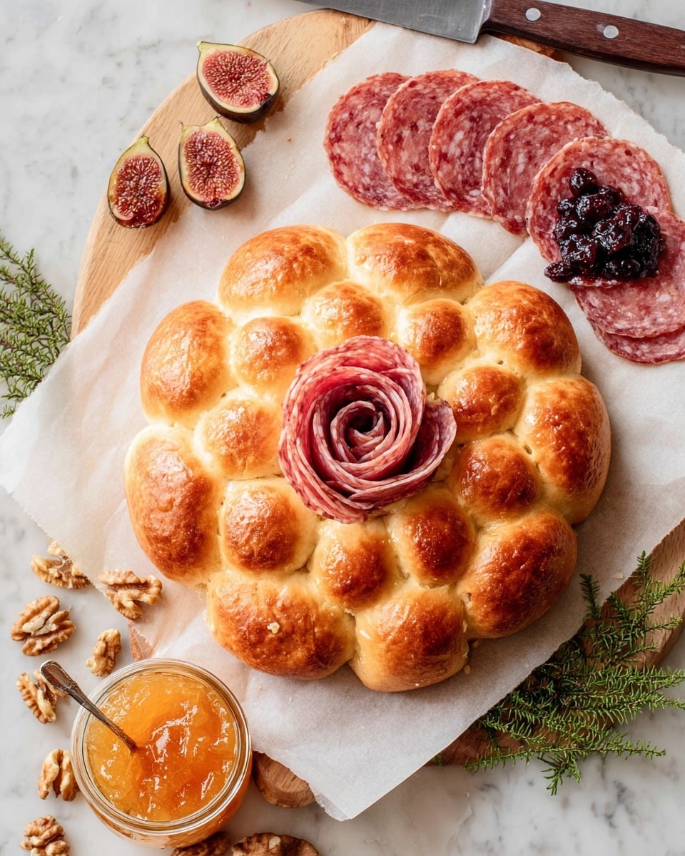A round bread made of many small golden-brown rolls shaped in a flower form, placed on white parchment paper on a wooden board. In the center of the bread, there is a rose made of thinly sliced salami, with a pinkish-red color and white fat patterns. Above the bread, there are four slices of salami overlapping, dried figs cut in half showing their dark orange inside with seeds, dark red dried cranberries, a wedge of creamy white brie cheese with a rind, and a small glass jar filled with orange-colored jam or marmalade. At the bottom left, some walnut pieces are scattered, and at the bottom center, a small cluster of green pine tree branches adds color. The entire scene is set on a white marbled surface, with part of a knife with a dark handle visible at the top right. photo taken with an iphone --ar 4:5 --v 7