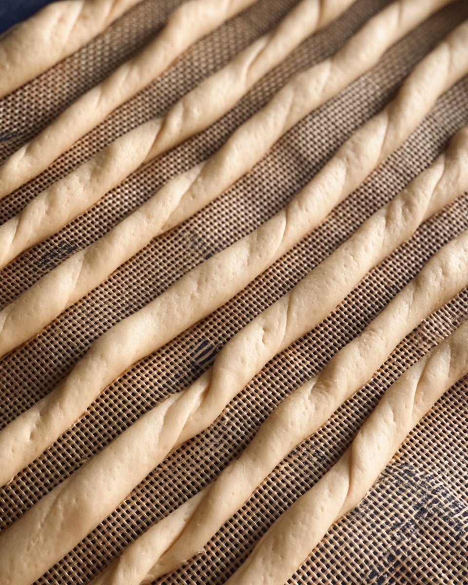 The image shows several long, thick ropes of pale beige dough laid out in parallel lines on a textured brown mesh surface, each rope smooth yet with slight uneven bumps and curves along their length. The dough strands have a matte finish and are evenly spaced, running diagonally from the top left to the bottom right of the frame. The texture beneath them contrasts softly with the dough's smoothness, highlighting the dough's gentle ridges and imperfections. Photo taken with an iphone --ar 4:5 --v 7