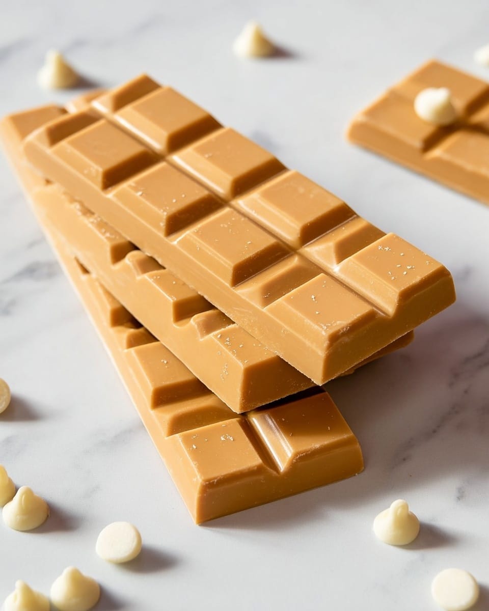 The image shows three smooth, tan-colored chocolate bars stacked unevenly on a white marbled surface, with each bar divided into rectangular segments. The bars have a matte finish with slight edges and tiny air bubbles visible on the surface. Around the bars, there are a few scattered white chocolate chips, adding a touch of contrast. The overall setting is bright and clean, focusing on the detailed texture and shape of the chocolate bars. photo taken with an iphone --ar 4:5 --v 7