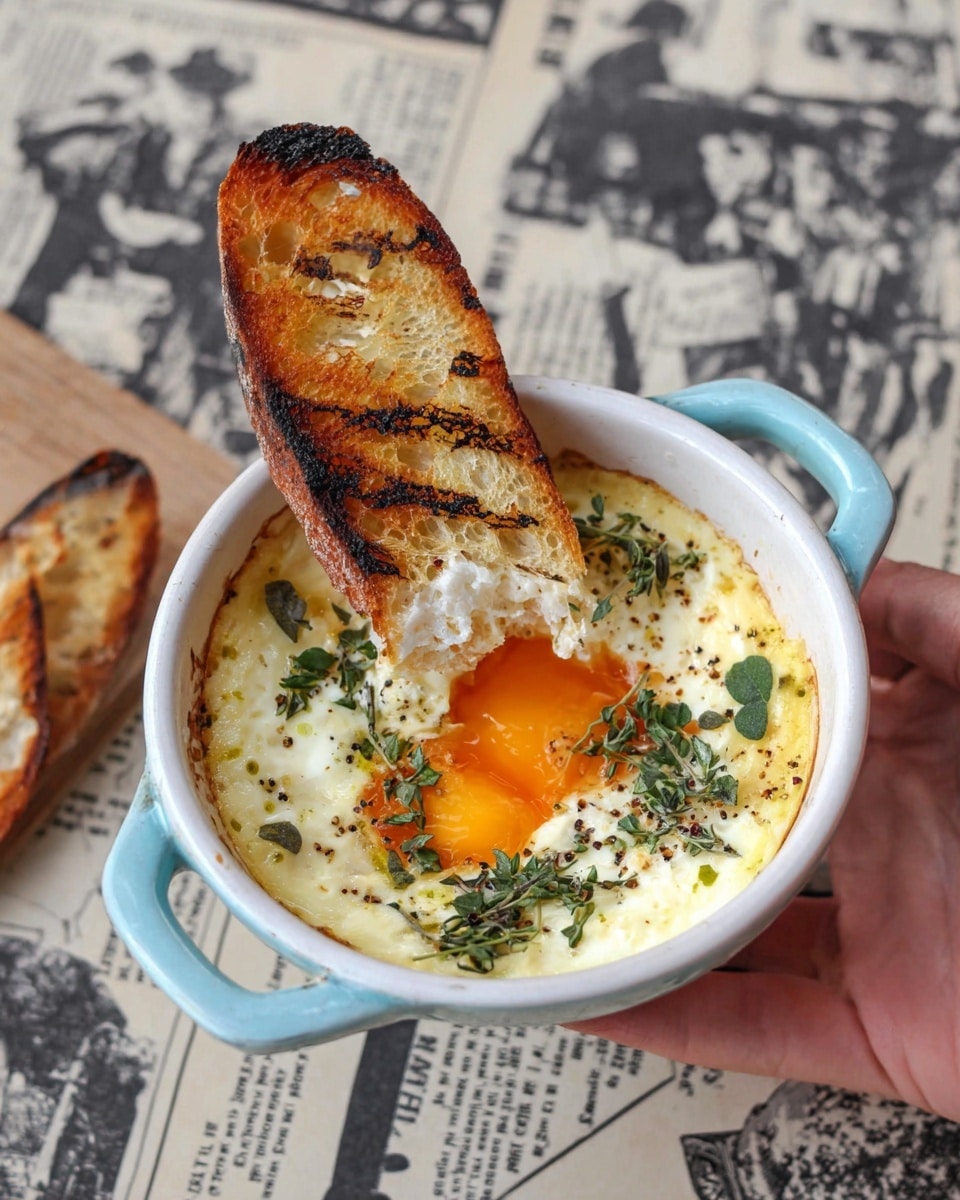 A woman's hand holds a small white ceramic dish with pale blue handles, filled with a soft baked egg layer topped with fresh green thyme leaves and coarse black pepper specks, creating a fresh and peppery look. On top, there is a rich orange runny egg yolk partially covered by fluffy white egg whites, adding a mix of creamy textures. A long toasted slice of golden brown bread with charred grill marks is dipped into the egg, standing upright in the dish. The background shows a table covered with paper printed with old-fashioned black and white images and text, all on a white marbled texture. photo taken with an iphone --ar 4:5 --v 7