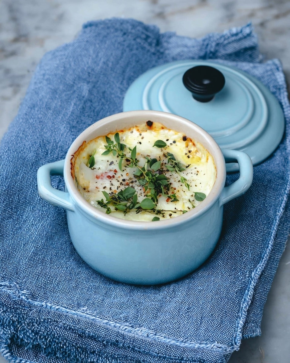A small light blue ceramic pot with handles holds a baked dish topped with melted white cheese that has a slightly golden edge. Fresh green herb leaves are scattered on top along with cracked black pepper. The pot's matching lid with a black knob is beside it on a folded blue textured cloth, all set on a white marbled surface. photo taken with an iphone --ar 4:5 --v 7