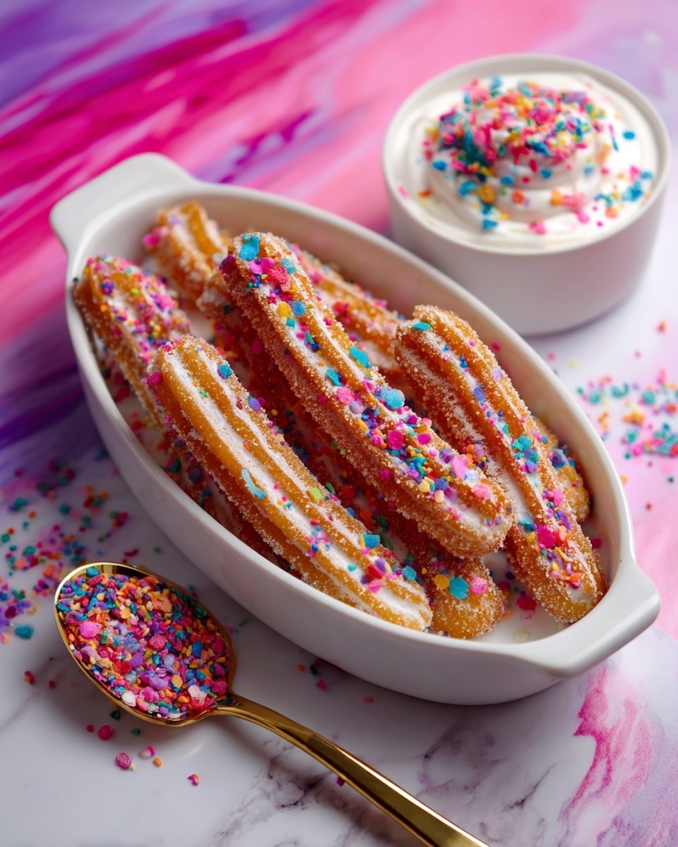 The image shows a white oval dish filled with seven churros, each covered in a layer of sugar and colorful sprinkles. Next to the dish is a small white bowl filled with white cream topped with more colorful sprinkles, and beside it lies a gold spoon holding a pile of these sprinkles. The background is a white marbled texture with bright pink and purple sections. photo taken with an iphone --ar 4:5 --v 7