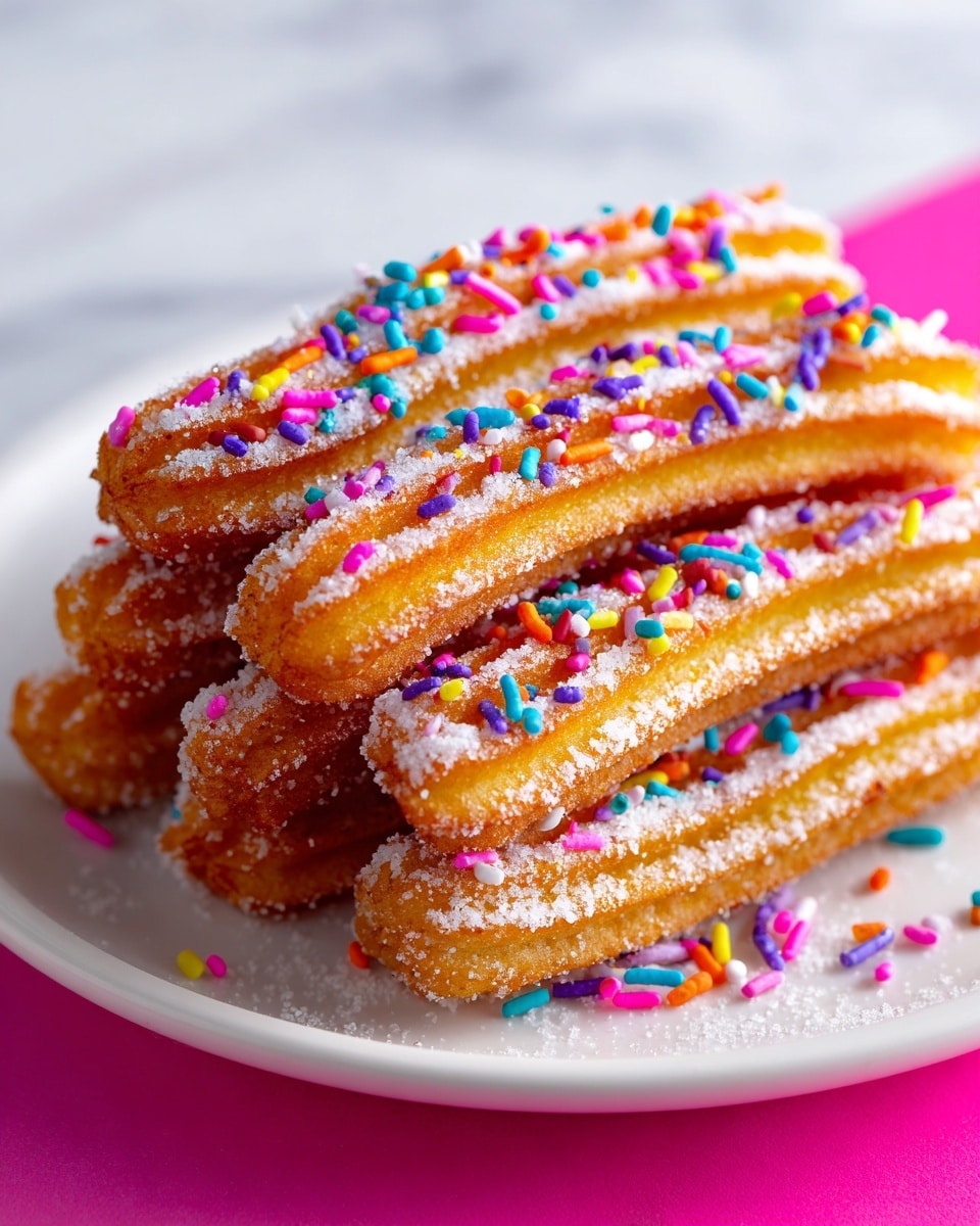 A white plate holds seven churros stacked together, each churro coated with a layer of white sugar and topped with colorful sprinkles in shades of pink, purple, blue, yellow, orange, and green; the churros are golden brown with a crispy texture visible on their ridges, and the background is a white marbled texture with a bright pink area below the plate. photo taken with an iphone --ar 4:5 --v 7