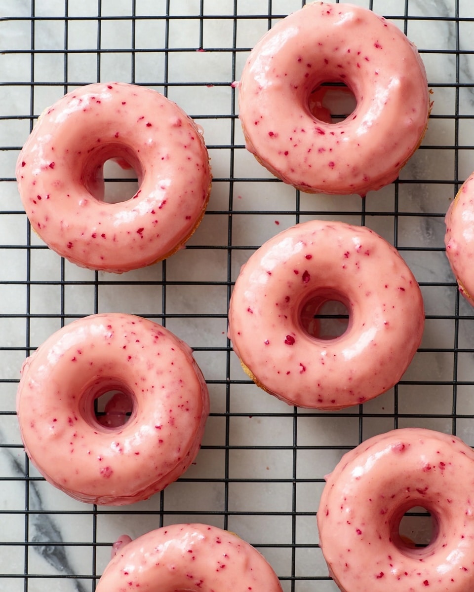 The image shows seven round donuts with a soft pink glaze that has small red specks in it, giving a slightly textured look. Each donut has a smooth and shiny finish, with glaze dripping a little onto a black cooling rack underneath. The donuts are evenly spaced on the rack, which rests on a white marbled surface. The donuts all have a hole in the middle and look fresh and moist. photo taken with an iphone --ar 4:5 --v 7