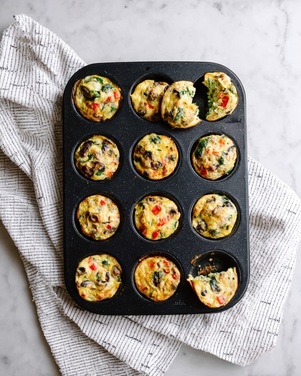A black muffin tray holds 12 mini egg muffins with a golden-baked top, each studded with colorful bits of red bell pepper, green spinach, and dark mushrooms, giving a vibrant mix of colors and textures. Two muffins are partially eaten, showing a soft and fluffy inside full of vegetables in pale yellow egg. The tray rests on a white marbled surface with a white kitchen towel featuring a gray grid pattern casually placed underneath. Photo taken with an iphone --ar 4:5 --v 7
