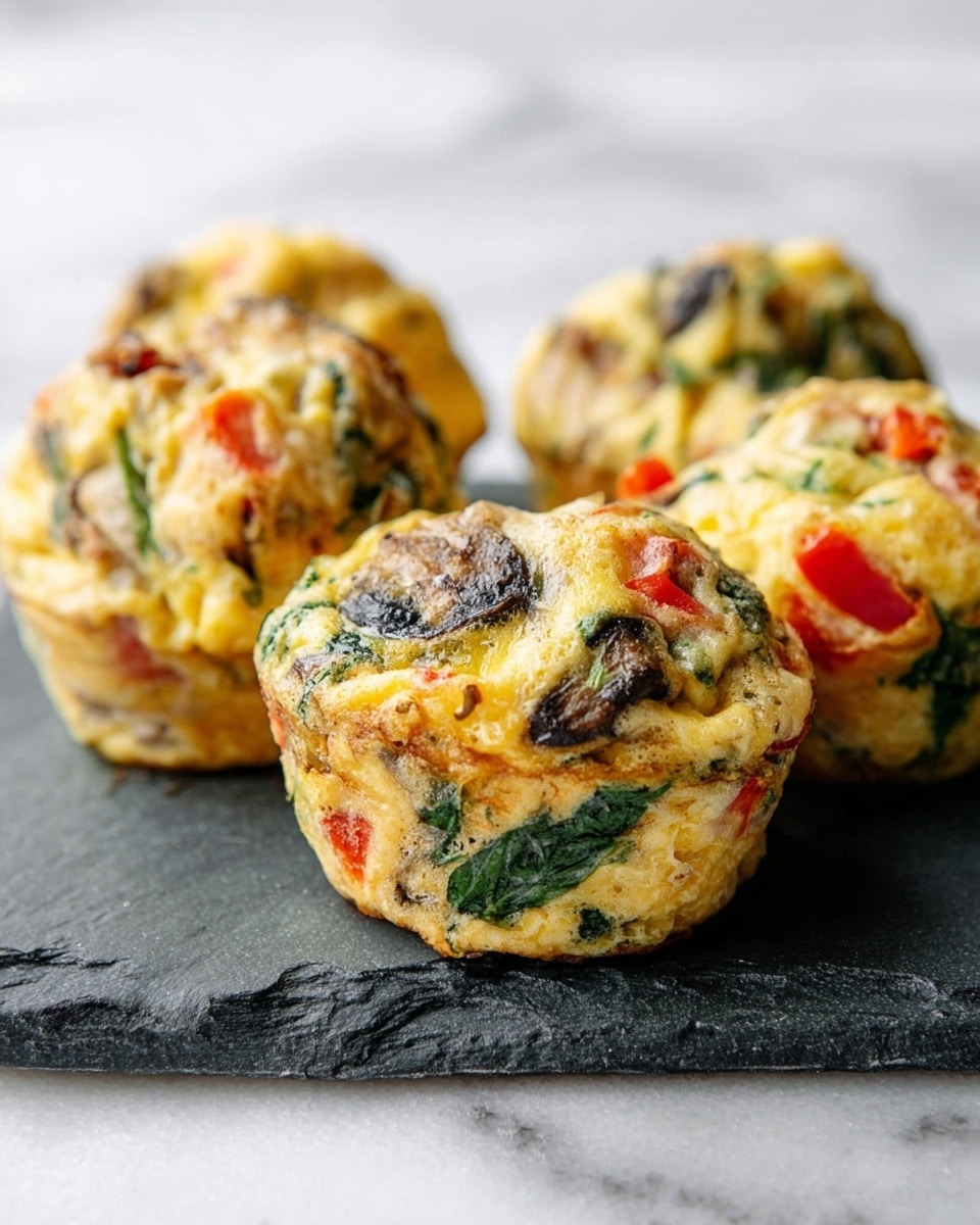 The image shows four egg muffins placed on a dark slate board over a white marbled surface. Each muffin has visible layers and chunks of cooked eggs that are light yellow with a slightly browned crust. Mixed into the eggs are pieces of red bell pepper, green spinach leaves, and dark mushrooms, adding bright and earthy colors. The muffins have a rough, fluffy texture with some cracks on the surface, showing the soft inside. The background is blurred, keeping the focus on the muffins in the center. photo taken with an iphone --ar 4:5 --v 7