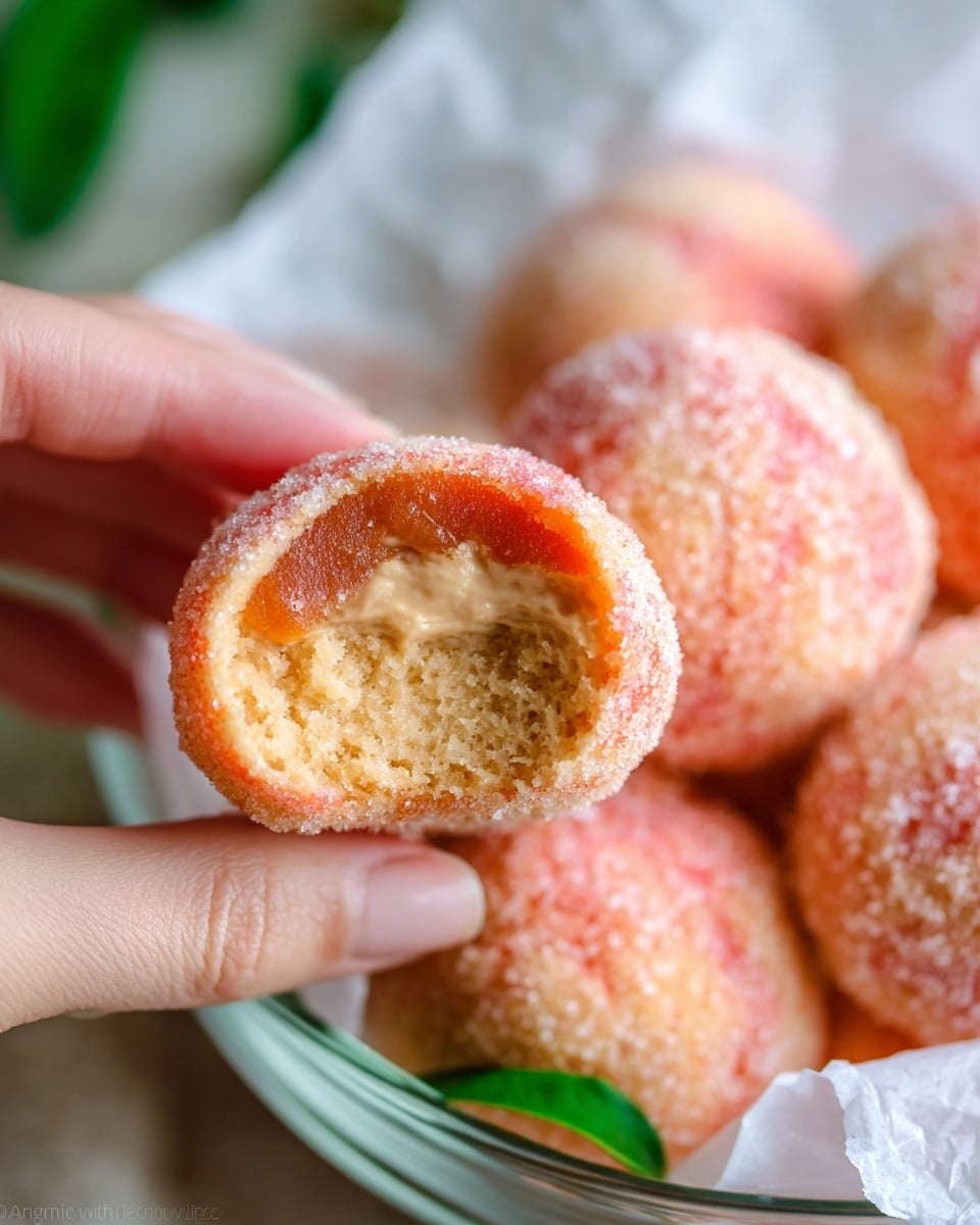 A close-up image shows a woman's hand holding a round, sugar-coated peach-shaped cookie with a light orange and pink outer layer covered in granulated sugar, slightly cracked open to reveal a creamy, smooth beige filling inside. Behind, there is a clear glass bowl filled with more of these sugar-coated cookies resting on white parchment paper, with a small green leaf near the bowl adding a fresh touch. The background has a soft blur, focusing on the cookie and the woman's hand. photo taken with an iphone --ar 4:5 --v 7