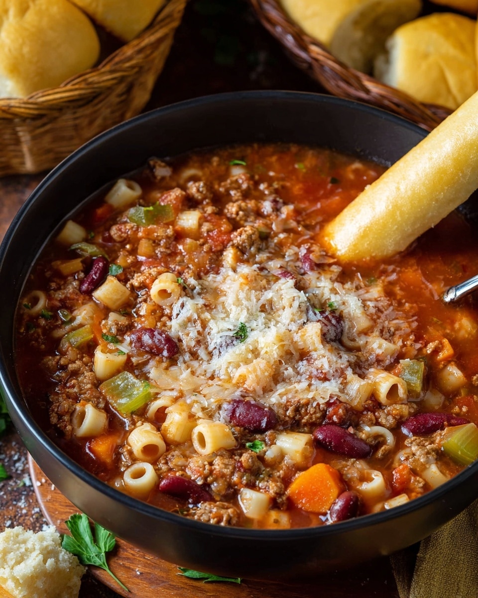 A close-up view of a black bowl filled with layered minestrone soup showing small round pasta pieces, red kidney beans, chunks of orange carrots, green celery slices, and ground meat in a rich red tomato broth, topped with grated white cheese and small green herb bits scattered throughout. A long, light yellow breadstick rests on the side of the bowl. The bowl is placed on a wooden surface with pieces of bread and a wicker basket filled with yellow rolls partially visible. photo taken with an iphone --ar 4:5 --v 7