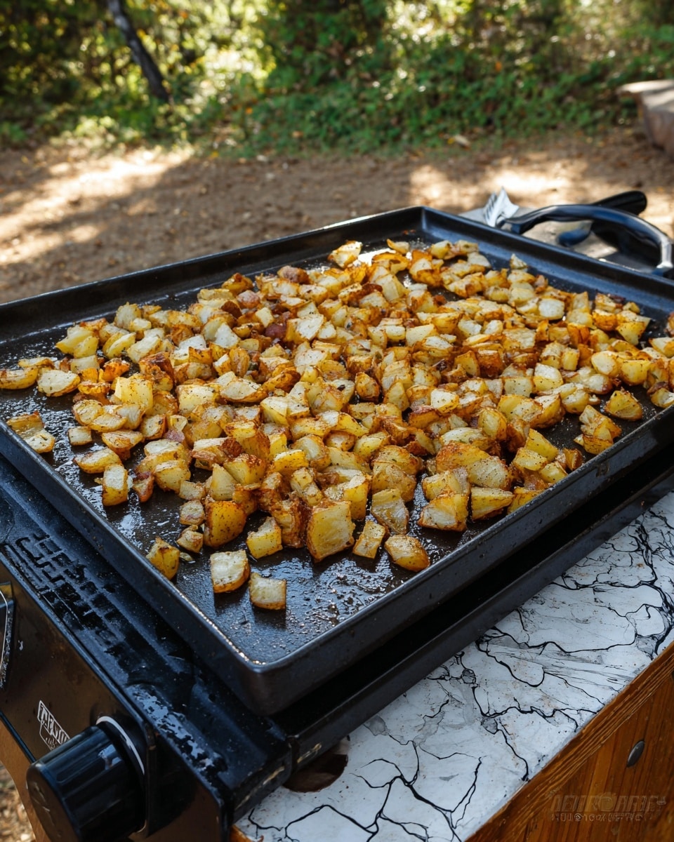 The image shows an electric griddle filled with a single large layer of diced potatoes, cooked to a crispy golden-brown color with some pieces showing a darker browned texture, indicating seasoning and frying. The potatoes are spread out evenly across the black griddle surface, which has a slightly glossy, oily shine. The griddle is set on a wooden surface with a white marbled texture overlay, and the background hints at an outdoor setting with green trees and dirt visible. The griddle has a black frame and a temperature control knob on the right side. photo taken with an iphone --ar 4:5 --v 7