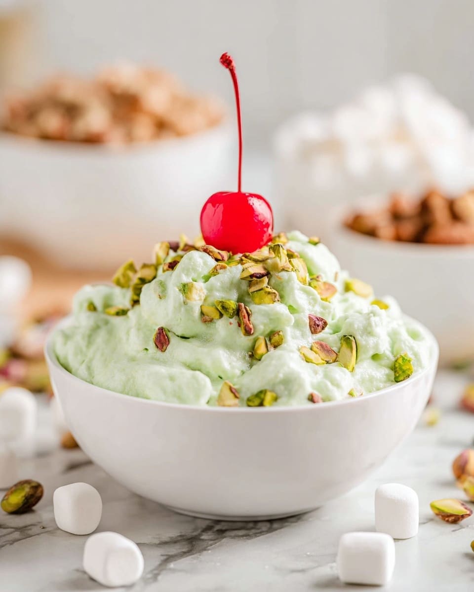 A white bowl filled with a creamy, light green dish that has a fluffy and slightly chunky texture, topped with chopped pistachios and a bright red cherry with a long stem placed on the top center. The bowl is set on a surface with a white marbled texture, surrounded by small white marshmallows and blurred bowls containing marshmallows, pistachios, and walnuts in the background. The overall look is fresh and inviting with soft natural light. photo taken with an iphone --ar 4:5 --v 7