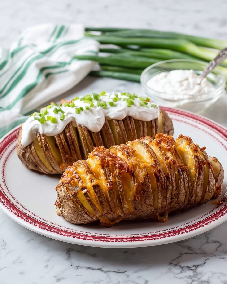 Two baked potatoes are placed side by side on a white plate with a red decorative rim, set on a white marbled surface. Each potato has multiple thin, vertical slices going through it, creating many layers. The potato in the front is filled with melted golden-brown cheese between the slices, which looks crispy and slightly browned on top. The potato behind it is topped with a thick line of white sour cream along the top middle, with small chopped green onions sprinkled over the sour cream. In the background, there is a clear glass bowl with extra sour cream and a spoon, along with two whole green onions lying on the surface. A white cloth with green stripes is partly visible in the upper left corner. photo taken with an iphone --ar 4:5 --v 7