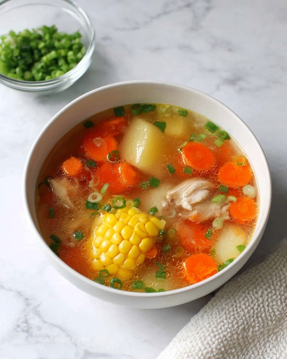 A white bowl contains a clear soup with several visible layers of ingredients: the top layer features bright orange carrot chunks scattered around, with a half piece of yellow corn on the cob near the center; partially submerged below are pieces of pale beige chicken and light yellow potato chunks; small green onion slices float on the surface adding a pop of green color; the broth itself is clear with a slight oily sheen. In the background, a small clear glass bowl holds more chopped green onions, placed on a white marbled surface next to a white textured cloth. photo taken with an iphone --ar 4:5 --v 7