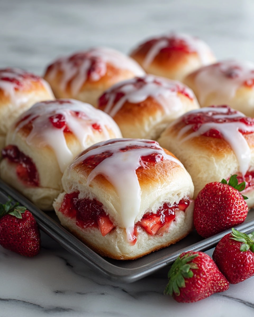 The image shows a tray filled with soft, round rolls that have three visible layers each: a light golden-brown base of dough forming the bottom and sides, a thick middle layer of bright red strawberry jam with chunks of strawberries, and a top layer of glossy white icing drizzled unevenly over the jam and down the sides. Fresh red strawberries with green leaves are placed around the tray. The tray rests on a white marbled surface. Photo taken with an iphone --ar 4:5 --v 7