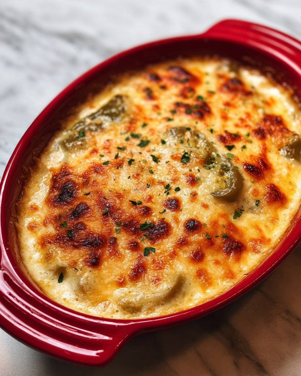 The image shows a baked dish in a white rectangular pan with a golden-brown top layer of melted cheese. Below the cheese, there are green vegetable pieces, possibly green beans, scattered evenly throughout. The surface has a slightly crispy and bubbly texture with melted cheese blending into the vegetables. The dish looks thick and layered, with a lightly browned crust in some areas, suggesting it was cooked until bubbly and hot. The background is a white marbled texture. Photo taken with an iphone --ar 4:5 --v 7