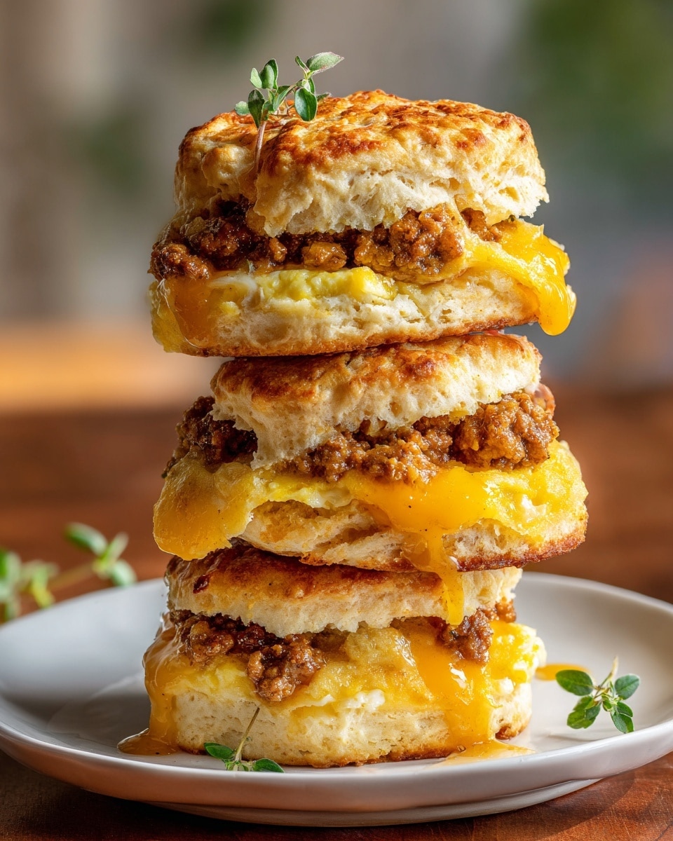 A stack of golden brown biscuits with a crispy top sprinkled with small green herb bits sits on a wooden board. Each biscuit is cut in half, revealing two layers inside: a light, fluffy biscuit layer on top and bottom in a soft beige color, and a thick, melted bright orange cheese layer in the middle mixed with a coarse, light brown sausage filling. The biscuits have a textured, slightly crumbly surface and look freshly baked with melted cheese slightly oozing out. In the blurred background, there is a white plate with two slices of cheddar cheese on a white marbled surface. photo taken with an iphone --ar 4:5 --v 7