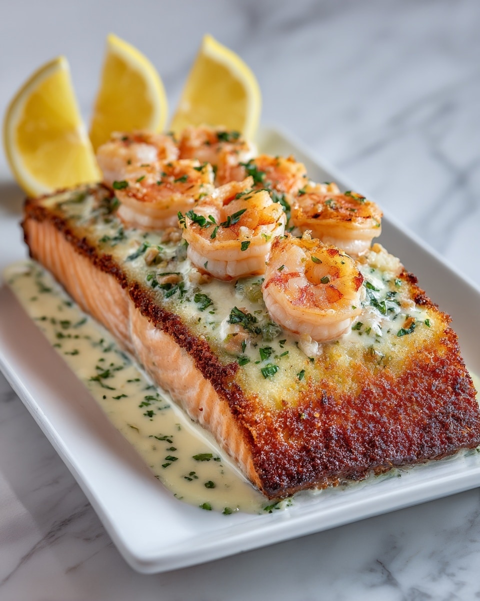 A white rectangular plate holds a thick, browned salmon fillet as the bottom layer, with a crispy, golden crust and sprinkled green herbs on top. Above the salmon is a creamy layer of white sauce mixed with chopped green herbs and chunks of seafood, looking rich and slightly melted. Small, pink shrimp with a shiny, slightly charred surface are neatly spread over the creamy layer. In the background, three bright yellow lemon wedges are placed upright on the plate’s edge. The plate rests on a white marbled surface. photo taken with an iphone --ar 4:5 --v 7