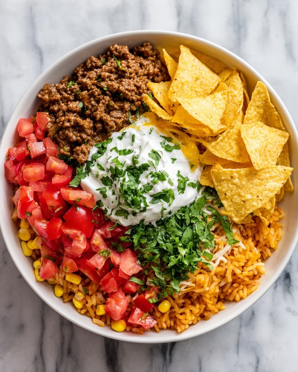The dish is served in a white bowl on a white marbled surface, showing four main layers. At the base, there is a reddish-orange rice layer with a slightly moist texture. Above the rice is a layer of finely crumbled ground beef, cooked and seasoned, brown in color with a crumbly texture. On top of the beef, there is a mixture of bright yellow corn kernels and small, diced red tomato pieces, scattered evenly. To one side of the bowl, there is a dollop of white sour cream, topped with small chopped green cilantro leaves, which are also sprinkled over the corn and tomatoes. In the background, a large yellowish tortilla chip is visible, partly dipped into the mix. Photo taken with an iphone --ar 4:5 --v 7