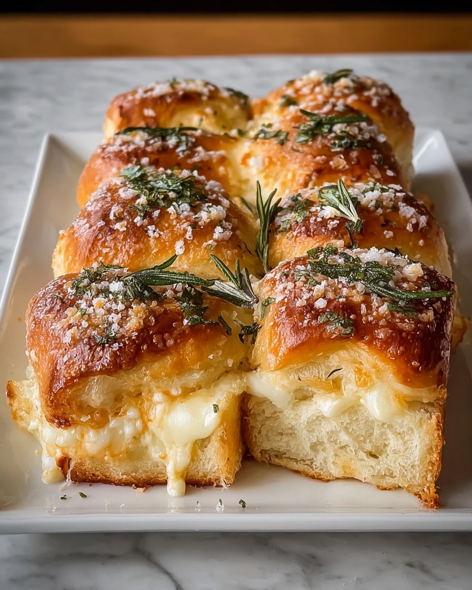 A white rectangular plate holds six pieces of golden brown bread rolls arranged in two neat rows. Each roll is cut through the middle, revealing a soft, fluffy interior with melted white cheese oozing out. The tops of the rolls are sprinkled with coarse salt crystals and fresh green rosemary leaves, adding texture and color contrast. The bread crust looks shiny and slightly crispy, while the inside appears airy and tender. The plate rests on a white marbled surface. photo taken with an iphone --ar 4:5 --v 7