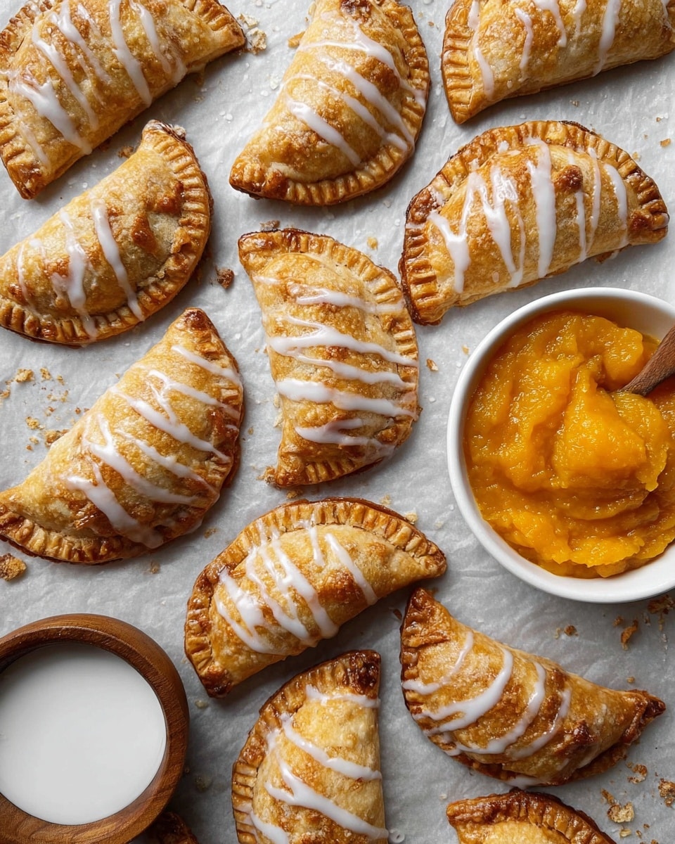 A group of small golden brown turnovers with a crisp, flaky texture are spread out on a sheet of parchment paper over a white marbled surface. Each turnover is half-moon shaped and has drizzle of white icing on top, giving a shiny contrast to the baked dough. On the right side, a white bowl is filled with smooth, bright orange filling, while on the bottom left, a small wooden bowl contains a white liquid. The scene shows about eighteen turnovers placed in a scattered pattern, with some overlapping slightly. photo taken with an iphone --ar 4:5 --v 7