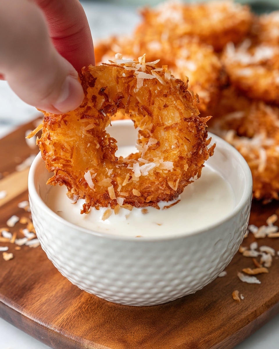 A white oval plate holds a stack of ten golden brown coconut-covered fried donut rings, arranged in two uneven rows. Each donut ring has a crispy, textured surface covered in shredded coconut, giving a rough, crunchy appearance. The plate is placed on a folded beige and dark blue striped cloth, which sits atop a white marbled surface. Nearby, there are a few empty white round plates stacked on a wooden board partially shown at the top left corner. photo taken with an iphone --ar 4:5 --v 7