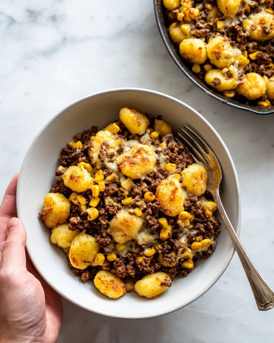 A white bowl filled with three layers of food is shown on a white marbled surface. The bottom layer is browned ground meat mixed with some spices, creating a crumbly texture with dark brown tones. The middle layer consists of bright yellow corn kernels scattered over the meat. The top layer features golden-brown gnocchi pieces that look soft and slightly crispy on the edges, covered with melted light yellow cheese that is gooey and slightly browned. Next to the bowl, a skillet contains a similar mix of browned meat, corn, and gnocchi. A woman's hand is holding the bowl from the left side. photo taken with an iphone --ar 4:5 --v 7