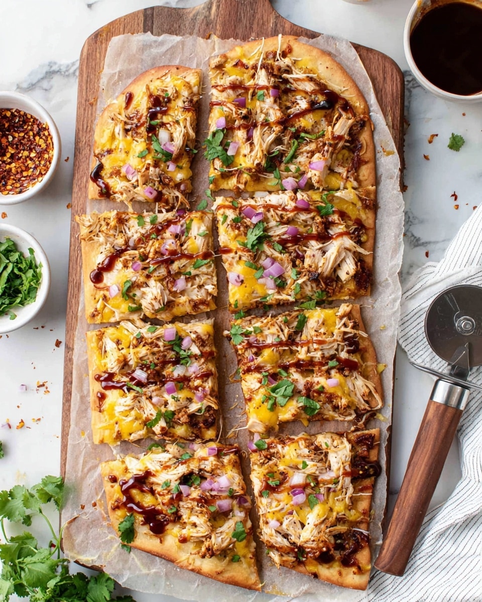 A rectangular flatbread pizza is shown cut into six uneven pieces, placed on parchment paper on a wooden board. The pizza has a golden-brown crust with a layer of melted yellow and white cheese on top, covered by shredded grilled chicken pieces. There are small chopped red onion bits scattered over the chicken, along with green cilantro leaves and a drizzle of dark brown barbecue sauce. The setting includes a white bowl with red chili flakes on the left, a pizza cutter with some chopped onion and cilantro near the bottom, and a white marbled background with a white striped cloth on the right side. photo taken with an iphone --ar 4:5 --v 7