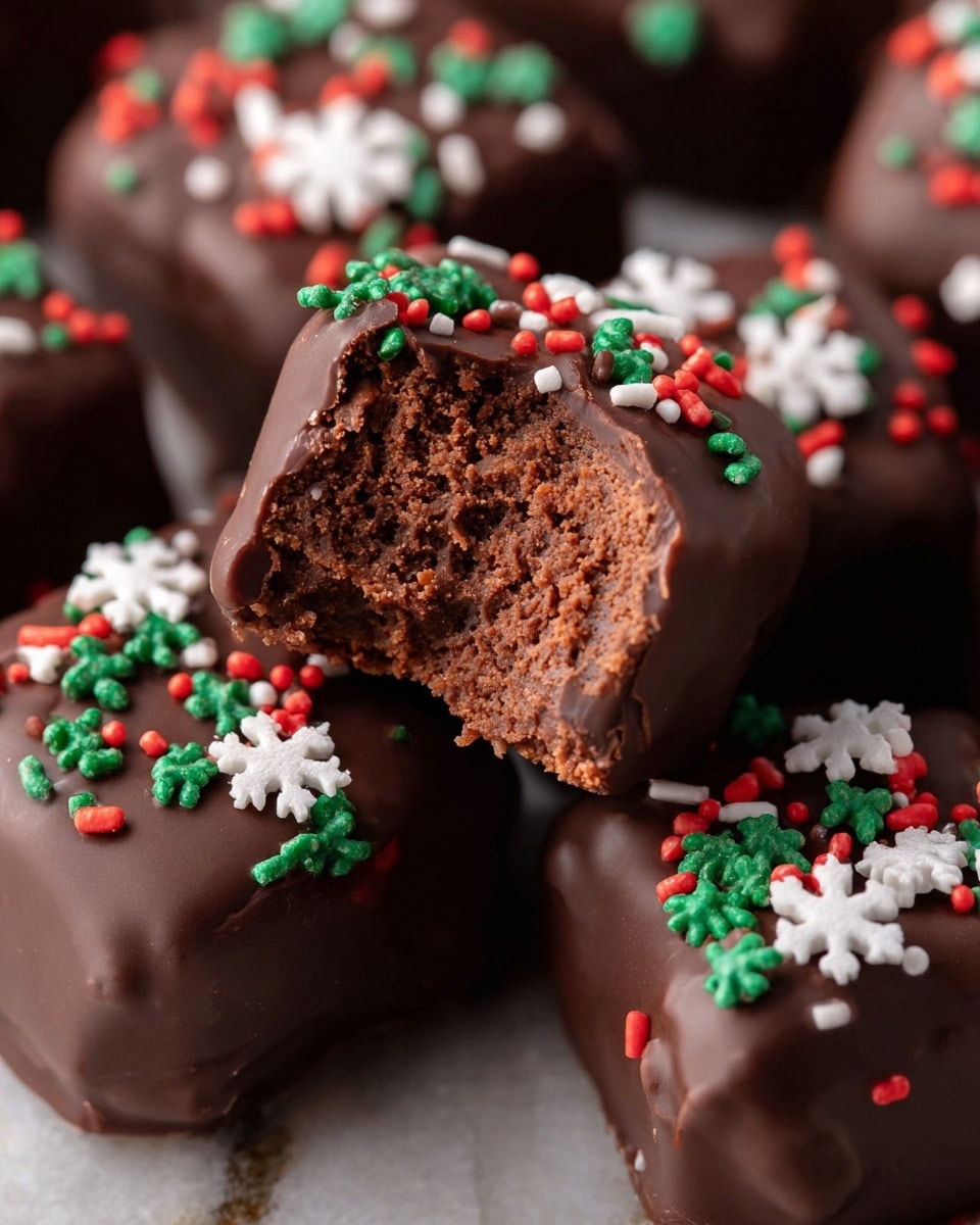 The image shows several small square chocolate treats covered in a smooth, dark brown chocolate layer. One treat is bitten, revealing a dense, crumbly chocolate inside that is lighter brown in color. The chocolate coating on each treat is decorated with small red, green, and white festive sprinkles scattered on top, with white sprinkles shaped like little snowflakes. The treats are close together on a white marbled surface. Photo taken with an iphone --ar 4:5 --v 7