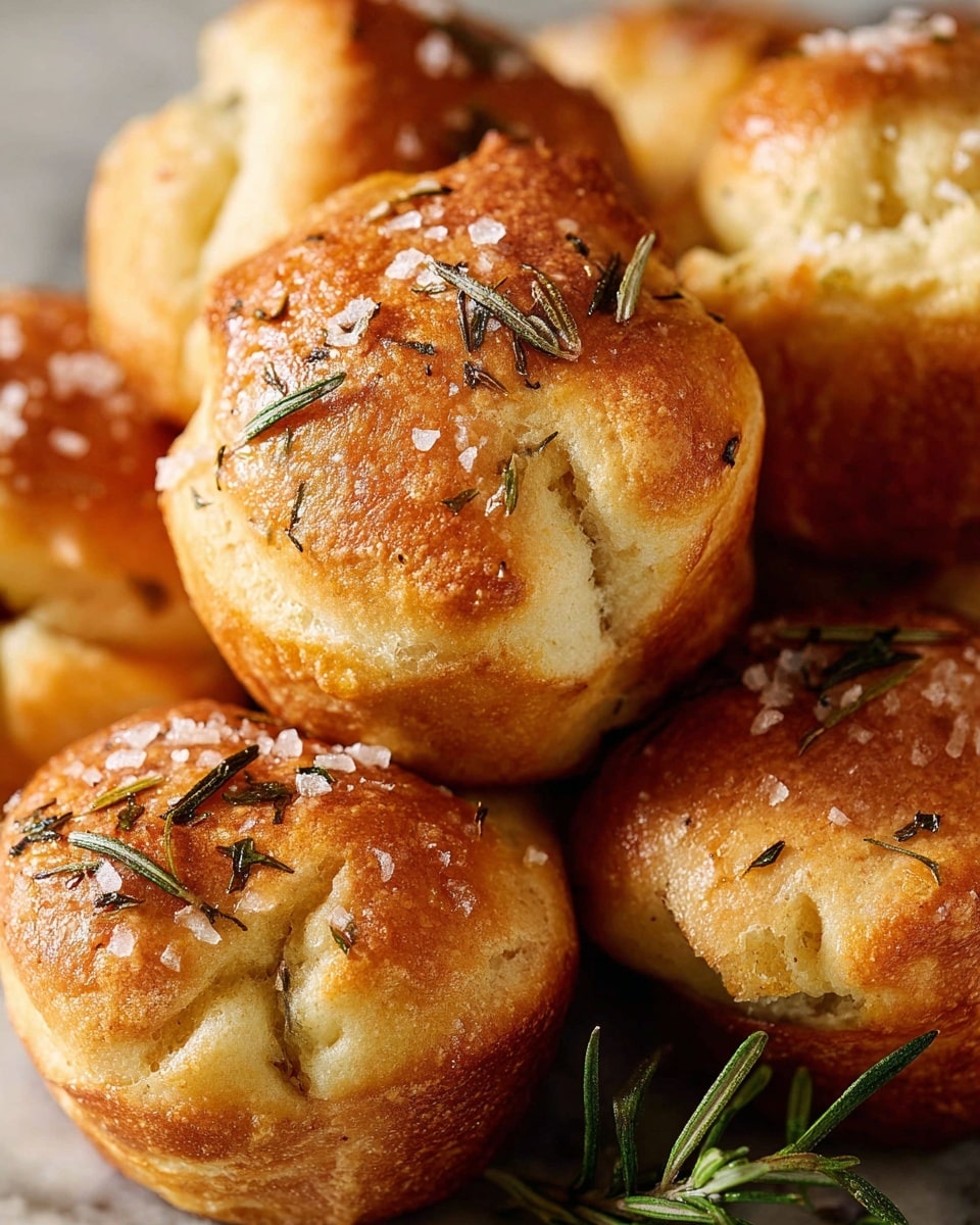 The image shows a close-up of several golden brown rolls with a slightly rough texture, each topped with small green rosemary leaves and coarse white salt flakes scattered unevenly over the top. The rolls have a light, fluffy interior that bursts through the cracked tops in soft, irregular folds, contrasting with the crispier, darker brown bottom edges. The arrangement is tight with some rolls overlapping, all resting on a white marbled texture surface. A small sprig of fresh rosemary adds a touch of green among the warm, baked colors. photo taken with an iphone --ar 4:5 --v 7