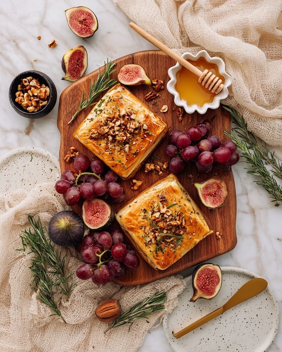 A wooden serving board holds two square baked cheese pastries with a golden brown top, sprinkled with chopped nuts and fresh green rosemary. Around the pastries are bright red grape clusters, along with several halved figs showing their pinkish-red inside and dark purple skin. A small white scalloped bowl filled with honey and a wooden honey dipper rests near the top, while a small black bowl with mixed nuts sits near the bottom. Fresh rosemary sprigs are scattered around the board, which sits on a white marbled surface with a light beige textured cloth draped to one side. In the corner, a white speckled plate is paired with a gold butter knife. photo taken with an iphone --ar 4:5 --v 7