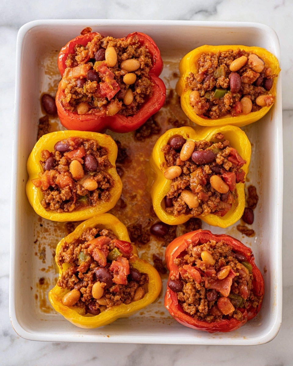 The image shows six bell pepper halves, three yellow and three red, each filled with a mix of cooked ground meat, beans, diced tomatoes, and onions. The stuffed peppers are arranged inside a white baking dish on a white marbled surface. The filling has a textured, slightly chunky look, with the brown meat mixed with reddish tomatoes and light brown beans, sitting slightly above the edges of the pepper halves. There are small pieces of filling scattered around the peppers inside the dish, adding a rustic, homemade feel. photo taken with an iphone --ar 4:5 --v 7