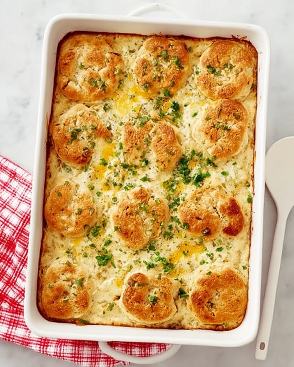 A rectangular white ceramic baking dish sits on a white marbled surface next to a red and white checkered cloth with a white utensil. Inside the dish is a baked casserole with a single layer of golden-brown toasted biscuit halves scattered evenly on top. The biscuit tops are slightly cracked and browned with melted cheese and green herb bits sprinkled over everything, adding small pops of yellow and green against the light, creamy sauce below. The texture shows a mix of soft, moist interior with a crisp, golden crust along the edges. Photo taken with an iphone --ar 4:5 --v 7