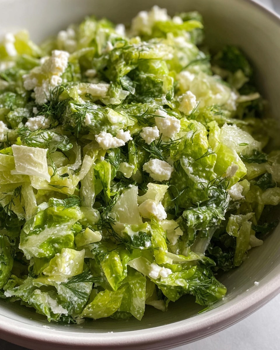 A close-up view of a fresh salad inside a white bowl showing roughly three layers: the base layer consists of finely chopped light green and dark green leafy lettuce, giving a mix of soft and leafy textures; the middle layer includes small white chunks, likely cheese, scattered evenly and adding a slightly crumbly texture; the top layer has tiny pieces of white onion and thin strands of fresh dill, adding a soft crispness and flecks of green, all combined with a light, glossy dressing. The whole salad looks fresh and moist with a mix of green and white colors. Photo taken with an iphone --ar 4:5 --v 7
