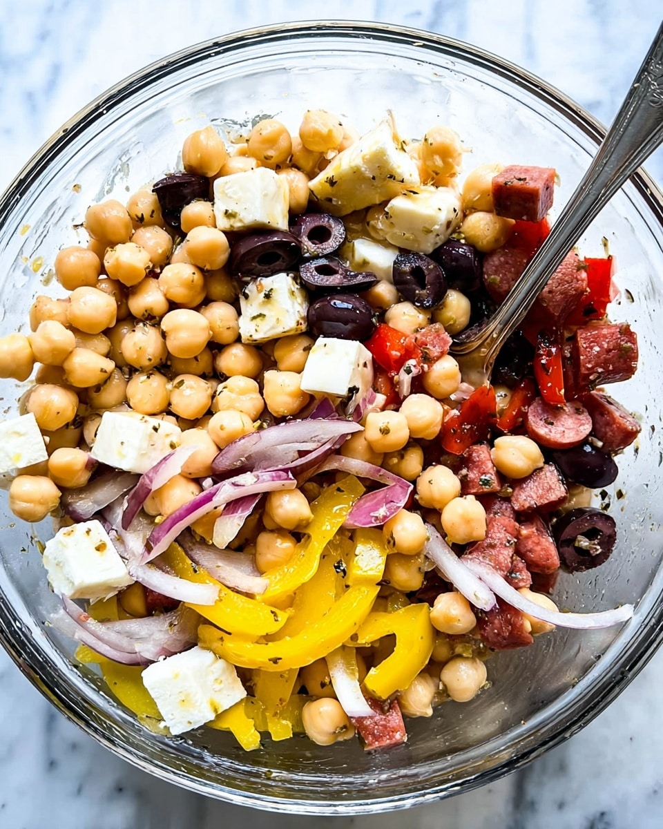 A glass bowl filled with a colorful salad consisting of three main layers: the first layer features round, beige chickpeas with a smooth texture, scattered throughout. The second layer includes cubed white cheese pieces and dark black olive slices with a shiny finish, adding contrast. The third layer has thinly sliced red onions with a glossy look, bright yellow pepper rings, and small chunks of reddish sausage, all mixed evenly. A silver spoon is placed inside the bowl, resting among the salad ingredients. The bowl is set on a white marbled surface. photo taken with an iphone --ar 4:5 --v 7