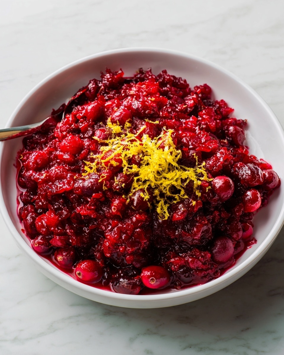 The image shows a white bowl filled with a thick mix of whole and crushed bright red cranberries, creating a textured, chunky layer. On top, there is a sprinkle of finely grated yellow lemon zest, adding a pop of color that contrasts with the deep red of the cranberries. The bowl is placed on a white marbled surface, highlighting the vivid colors of the dish. Photo taken with an iphone --ar 4:5 --v 7