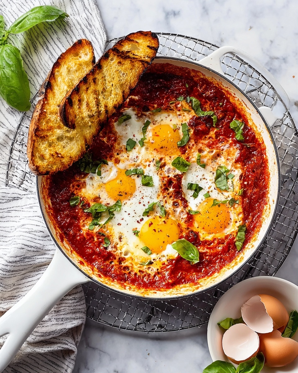 A white enameled skillet holds a dish with three sunny yellow egg yolks surrounded by white cooked egg whites resting on a deep red, textured tomato sauce base. The sauce shows some darker, caramelized edges. Scattered bright green basil leaves add contrast across the top. Two thick, grilled slices of toasted bread with golden-brown grill marks lean inside the skillet's edge on the left. The skillet sits on a striped cloth over a round wire rack against a white marbled surface. To the lower right, a white plate contains three cracked light brown eggshell halves near fresh green basil leaves. Photo taken with an iphone --ar 4:5 --v 7