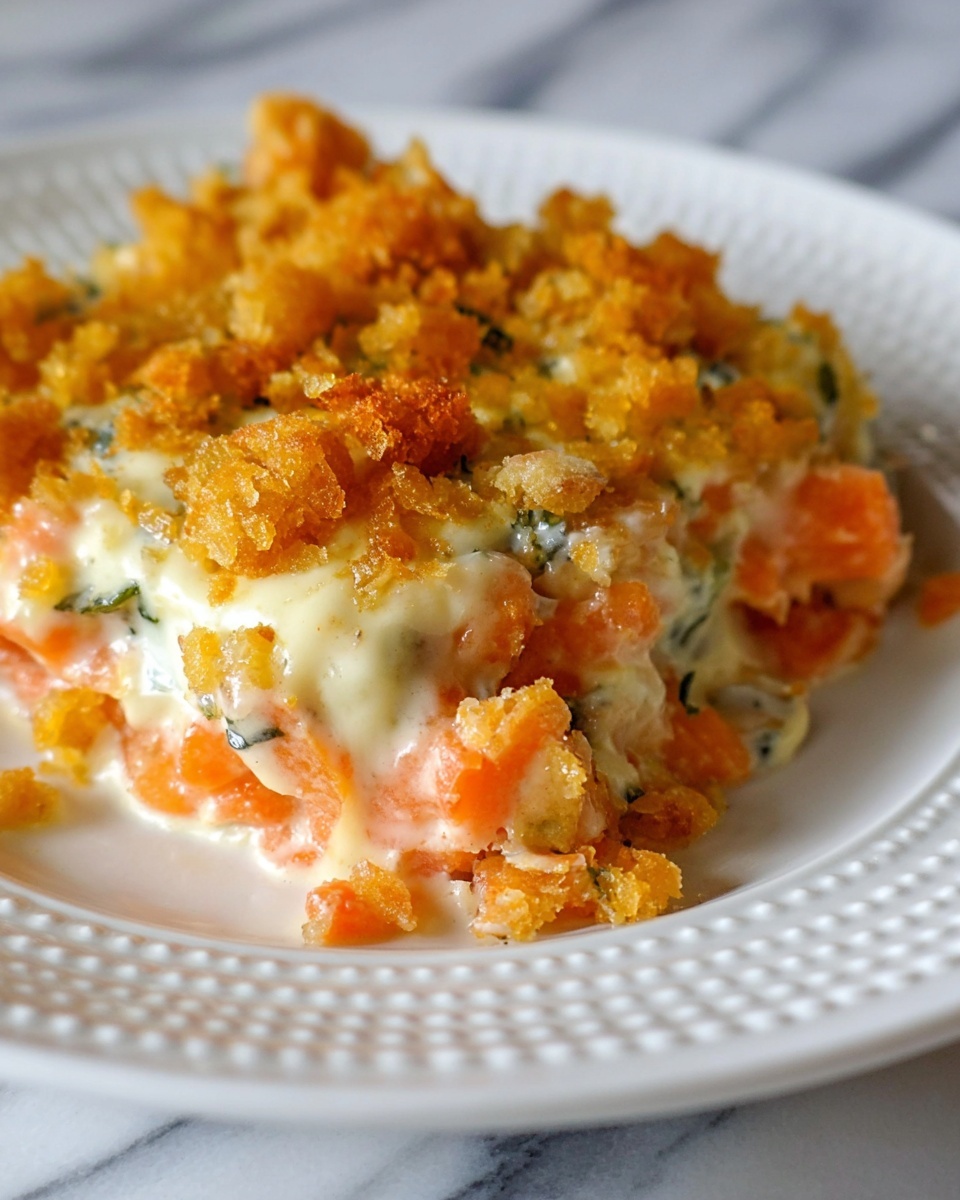 A close-up of a dish on a white plate with a dotted rim, showing three main layers: the bottom layer has pieces of soft orange carrots and green herbs mixed in creamy white sauce, the middle layer is creamy and smooth cheese coating the carrots, and the top layer has crunchy golden-brown crumbs scattered unevenly over the cheese, adding a crispy texture. The whole dish looks warm and creamy with bright orange and golden colors standing out against the white plate and a white marbled textured surface. Photo taken with an iphone --ar 4:5 --v 7
