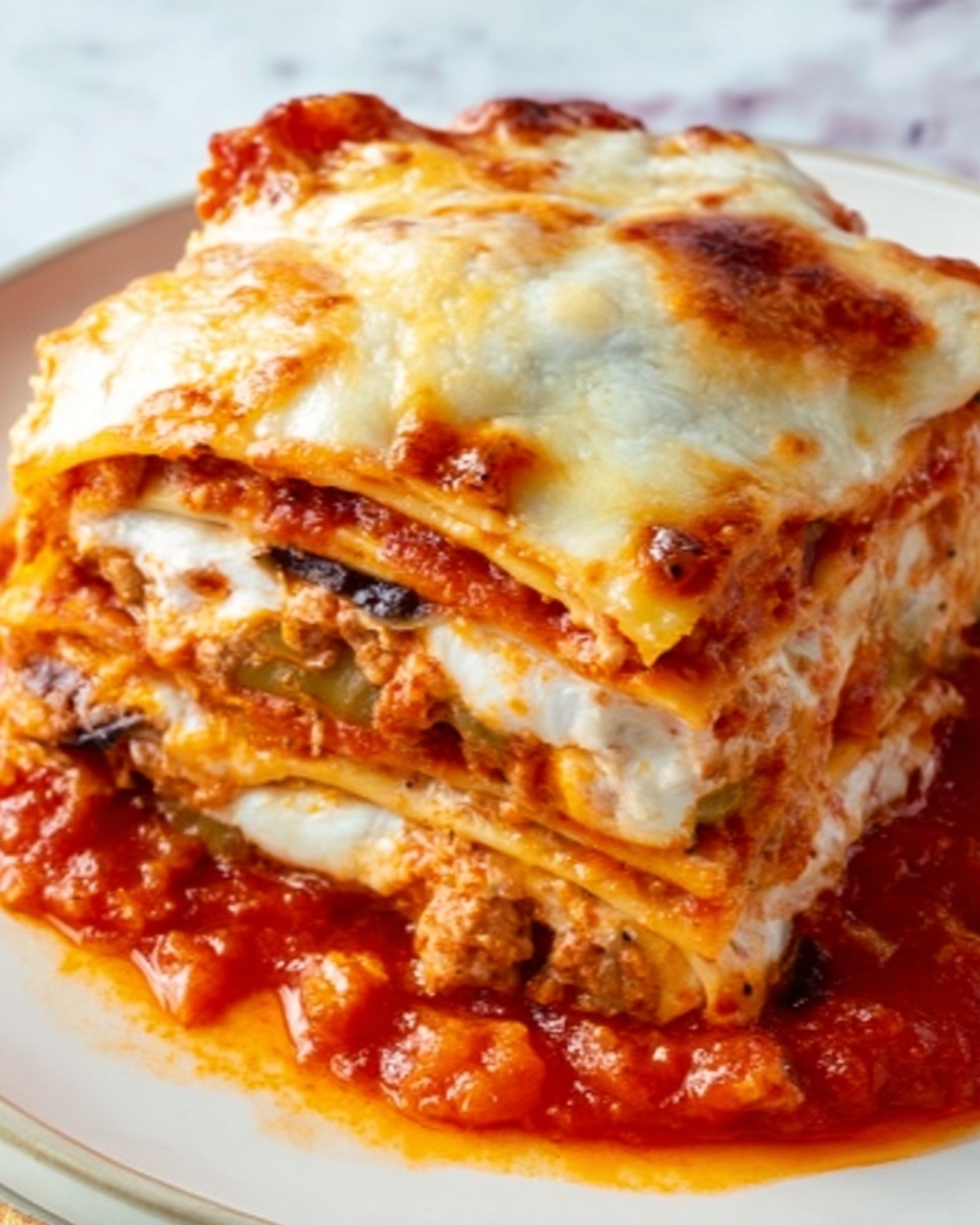 A thick slice of layered lasagna sits on a white plate, with rich, bright red tomato sauce spread under and around it. The lasagna has multiple layers: a top golden-brown melted cheese layer with some browned spots, followed by even white creamy cheese layers, and chunks of cooked ground meat mixed with sauce visible in the middle. The edges show soft cooked pasta sheets soaked in sauce, adding a slightly translucent texture. The sauce looks chunky and glossy, with a deep red-orange color and pieces of tomato visible. The background surface is a white marbled texture. Photo taken with an iphone --ar 4:5 --v 7