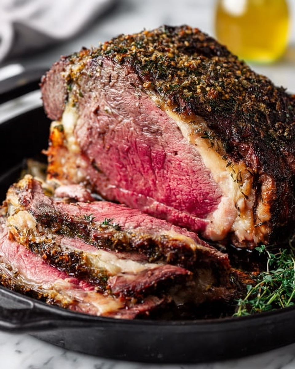 A large piece of roast beef sits on a black cast iron pan on a white marbled surface. The roast has a dark brown crust on top, covered with coarse herbs and seasoning, giving it a rough texture. The inside shows several layers of meat, starting with a thin outer cooked light brown edge, followed by a thick, juicy pink middle and a slightly darker red center, showing it is cooked rare. Small sprigs of green herbs are tucked near the cut, adding a touch of color. In the background, there is a blurry bottle with a yellow liquid. photo taken with an iphone --ar 4:5 --v 7