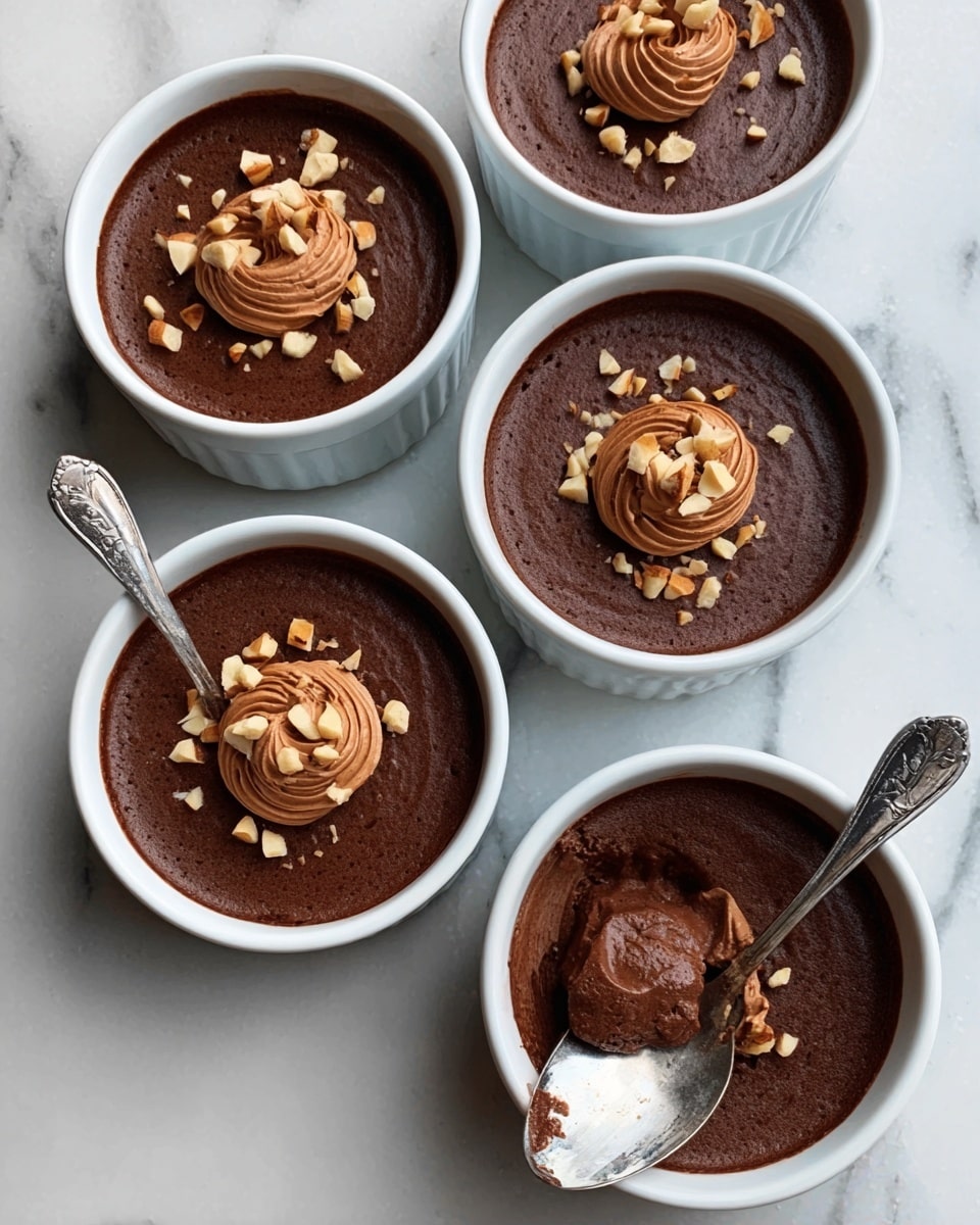 Four white ceramic ramekins filled with a rich, dark chocolate dessert are placed on a white marbled surface. Each ramekin shows a smooth, glossy top layer of chocolate mousse, decorated in the center with a swirl of lighter brown chocolate cream. Crushed nuts are sprinkled around the cream, adding texture and a light tan color contrast. One ramekin has a silver spoon resting inside, revealing a creamy inside texture. The overall look is smooth, creamy, and inviting. Photo taken with an iphone --ar 4:5 --v 7