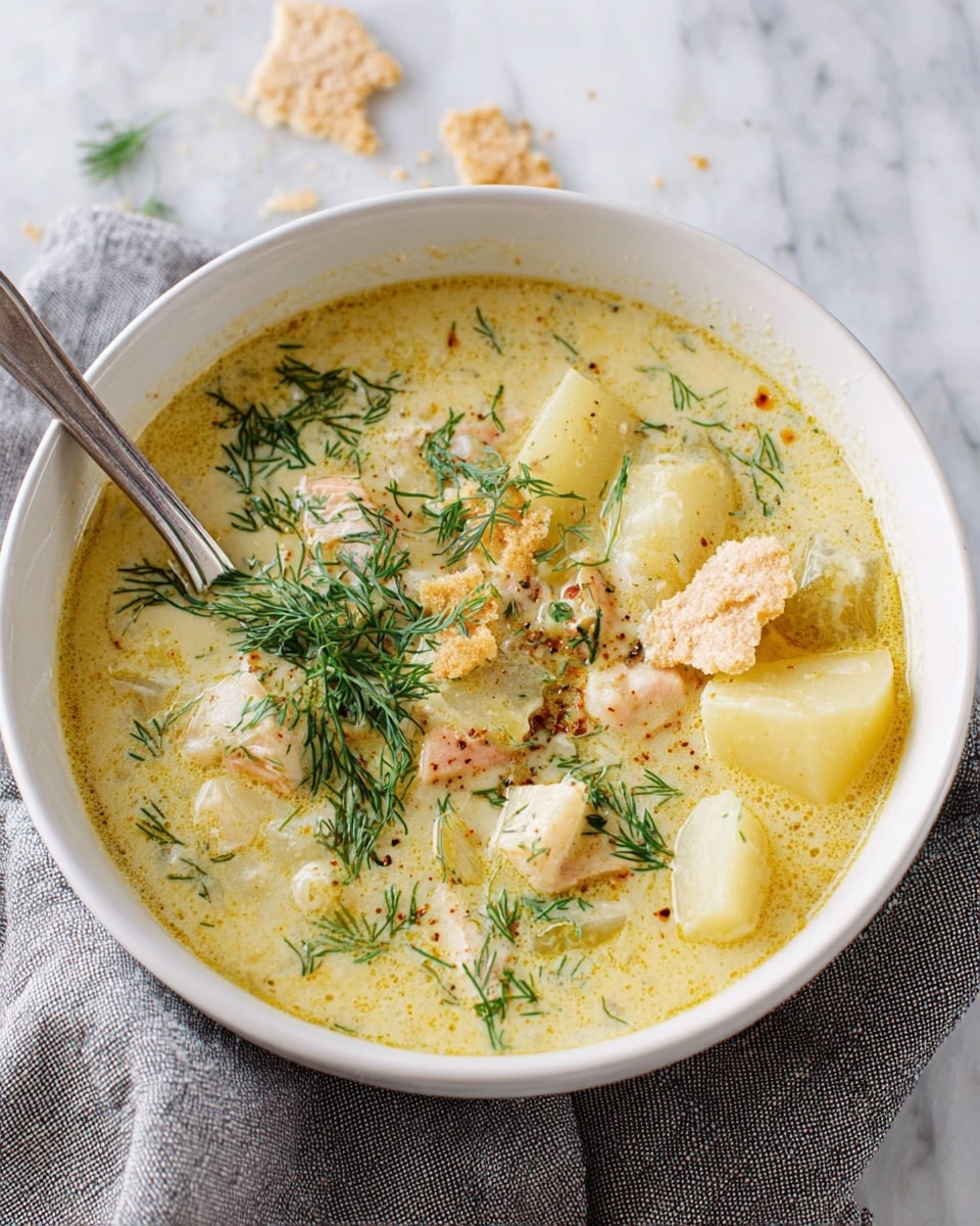 A white bowl filled with creamy yellow chowder that has visible chunks of soft potatoes and pieces of pinkish fish. The chowder is garnished with fresh green dill sprigs scattered across the top. Some crushed light tan crackers are sprinkled on one side. A silver spoon rests inside the bowl on the left side. The bowl sits on a folded grey cloth over a white marbled surface with a few cracker crumbs around. photo taken with an iphone --ar 4:5 --v 7