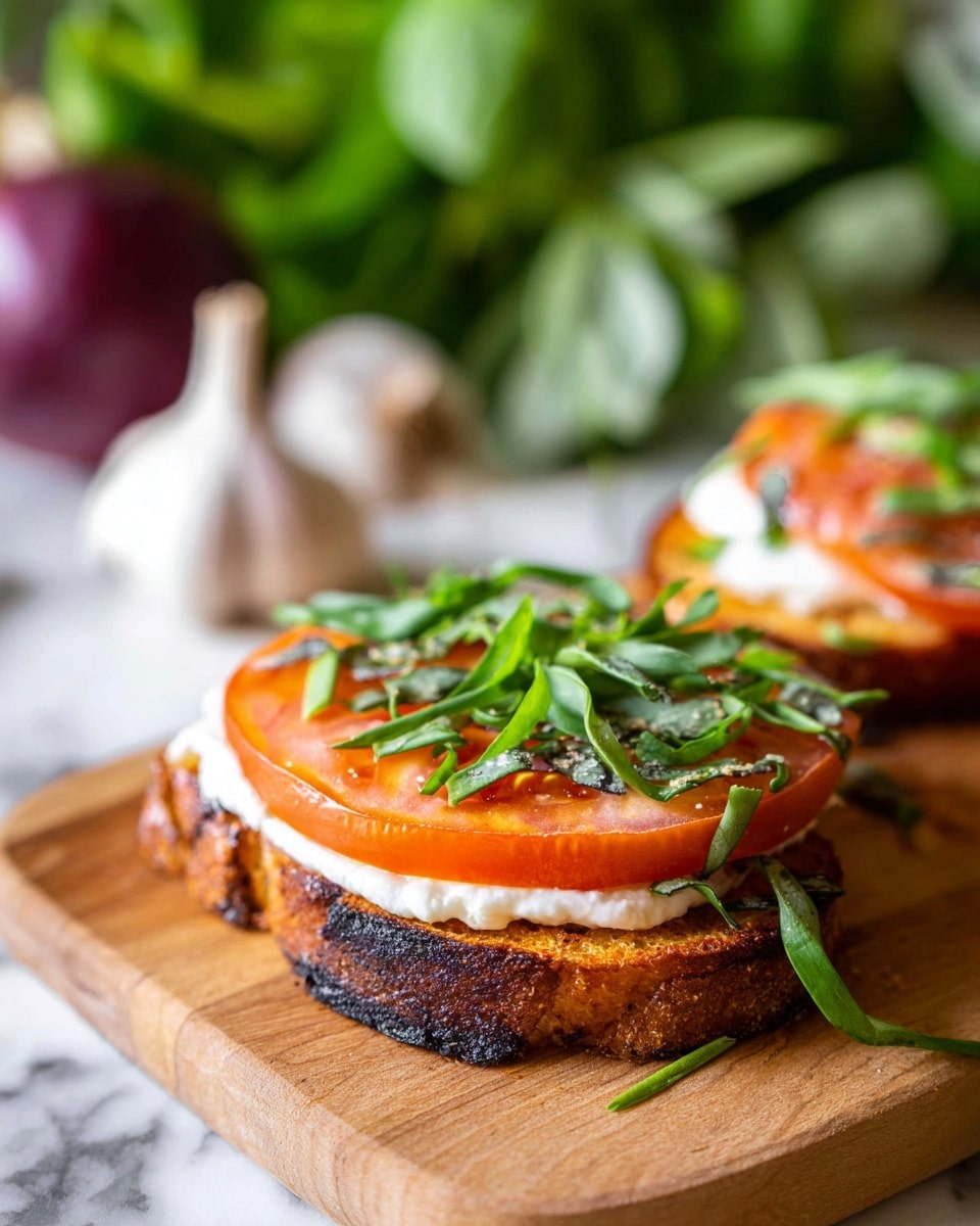 The image shows two pieces of toast stacked with layers on a wooden cutting board. The bottom layer is the toasted bread with a slightly charred texture and a dark brown color. On top of the bread is a thick slice of bright red tomato, showing some glossy moisture. Above the tomato, there is a smooth, creamy white layer of cheese or spread. The top layer consists of fresh green leaves and chopped chives, giving a fresh and vibrant look. The background has a white marbled texture with some blurred green leaves and a garlic bulb in soft focus. photo taken with an iphone --ar 4:5 --v 7
