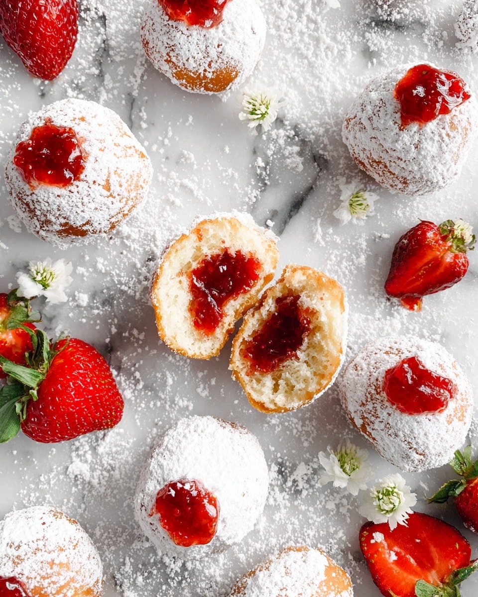 The image shows several powdered sugar-covered doughnut holes scattered on a white marbled surface, with each doughnut hole topped with a small dollop of bright red strawberry jam. In the center, one doughnut hole is cut open and split into two pieces, showing the fluffy light yellow interior with a thick layer of glossy red strawberry jam inside. Around the doughnuts, there are fresh red strawberries with green leaves, some whole and some cut in half, with small white flowers attached to some of them. The powdered sugar is lightly spread all over the surface, creating a soft, snowy effect. Photo taken with an iphone --ar 4:5 --v 7
