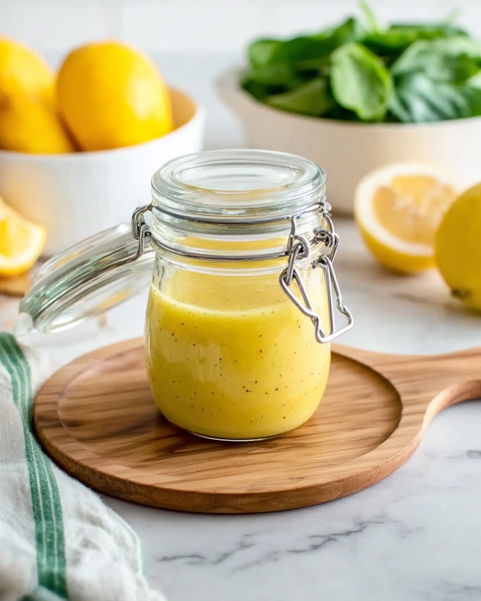 A clear glass jar with a metal clasp lid sits open on a round wooden board. Inside the jar is a smooth, bright yellow sauce with tiny black specks evenly mixed through it. The jar is placed on a white marbled surface, with a white bowl filled with yellow lemons blurred in the background to the left and another white bowl filled with fresh green spinach leaves blurred to the right. A cut lemon half and a white cloth with green stripes lie on the surface next to the wooden board. The scene is bright and clean with soft natural lighting. photo taken with an iphone --ar 4:5 --v 7
