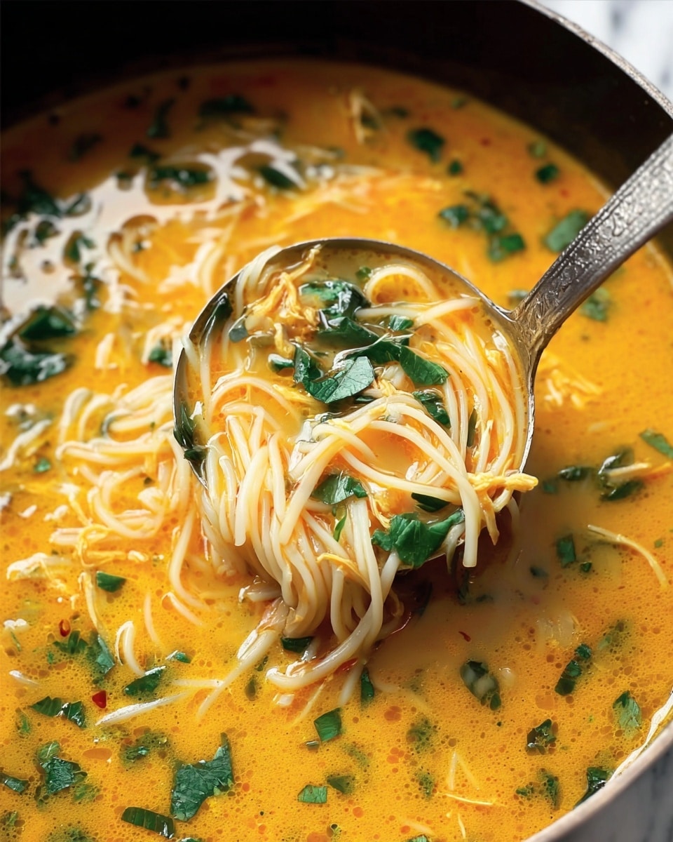 The image shows a close-up of a creamy orange soup filled with thin white noodles and garnished with chopped green herbs scattered throughout. A metal ladle is scooping up some of the soup, holding a portion of the noodles and herbs, with the broth looking smooth and slightly thick. There are also a few larger green herb leaves floating on the surface of the soup, and the whole scene is set against a white marbled texture background. photo taken with an iphone --ar 4:5 --v 7