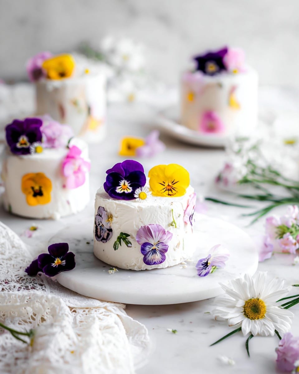 The image shows small round white cakes with a smooth, creamy texture on the outside, decorated with colorful edible flowers including purple, yellow, and pink pansies that are placed on top and around the sides of each cake. The cakes are set on a white marble plate on a white marbled surface, with some scattered flower petals and sprigs around them. The scene is bright and airy, featuring a soft focus on the background, and a white lace cloth with a white daisy flower is placed nearby. Photo taken with an iphone --ar 4:5 --v 7