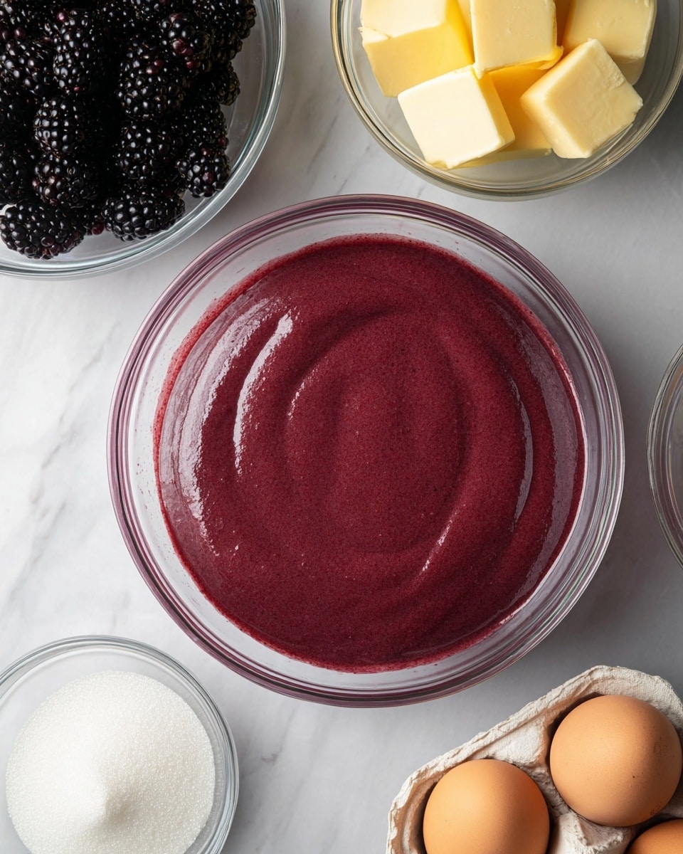 The image shows a clear glass bowl filled with a thick, smooth berry-colored batter, rich and creamy in texture with a slight shine. Surrounding the bowl on a white marbled surface are four ingredients in separate clear glass containers: one bowl of fresh blackberries with deep purple-black skin and a shiny surface, another bowl with several chunks of pale yellow butter with a soft texture, a bowl with fine white sugar, and a carton holding four light brown eggs with a smooth shell. The arrangement of ingredients looks neat and ready for baking. Photo taken with an iphone --ar 4:5 --v 7