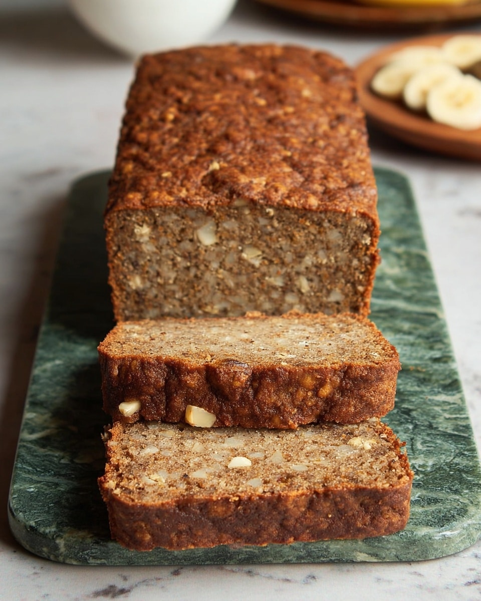 A loaf of banana bread with a textured brown crust sits on a green marble board, with three slices cut and laid in front of the loaf. The inside of the bread is dense, light brown with small pieces of nuts and banana visible throughout. The background shows a white marbled texture with a blurred white bowl and a white plate of food. Photo taken with an iphone --ar 4:5 --v 7